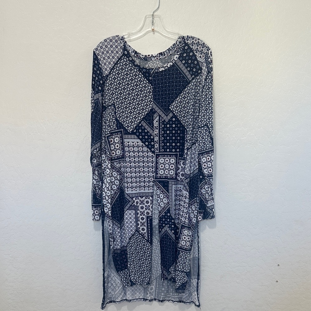 Cuddl Duds Blue‎ White tunic top short sleeve XL womens soft stretch patchwork